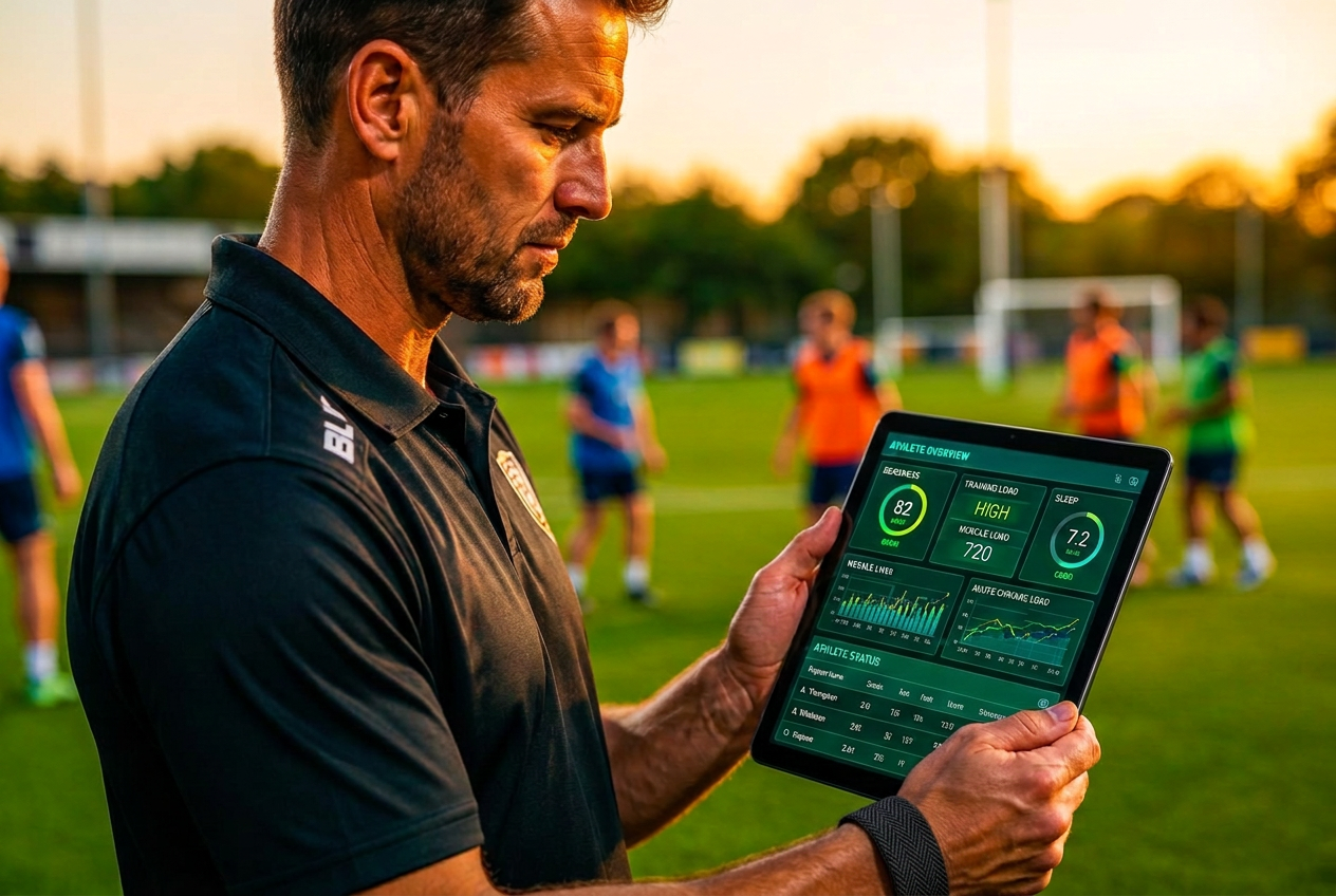Coach reviewing athlete readiness and training load analytics on a tablet at pitchside