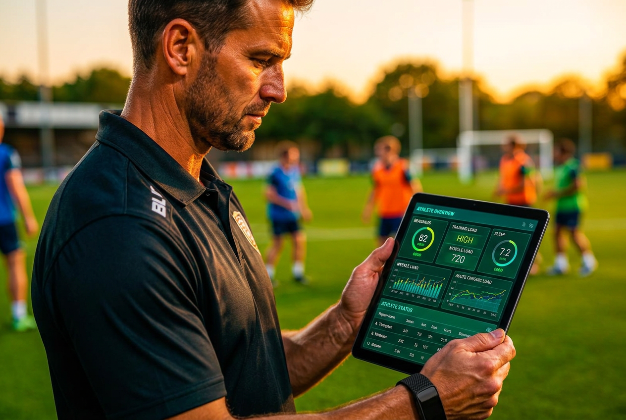 Coach reviewing athlete readiness and training load analytics on a tablet at pitchside